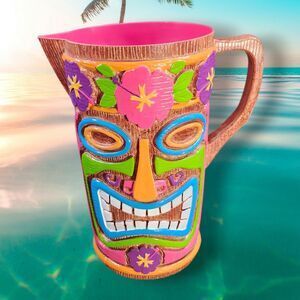 Amscan Tiki Hawaiian Pitcher Jug Embossed Design Hard Plastic Party Floral EUC